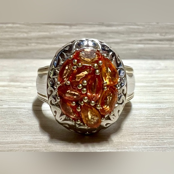 Designer Signed Gems En Vogue 2.00 ctw Orange Sapphire Cluster Ring, Size 9 - Picture 2 of 10